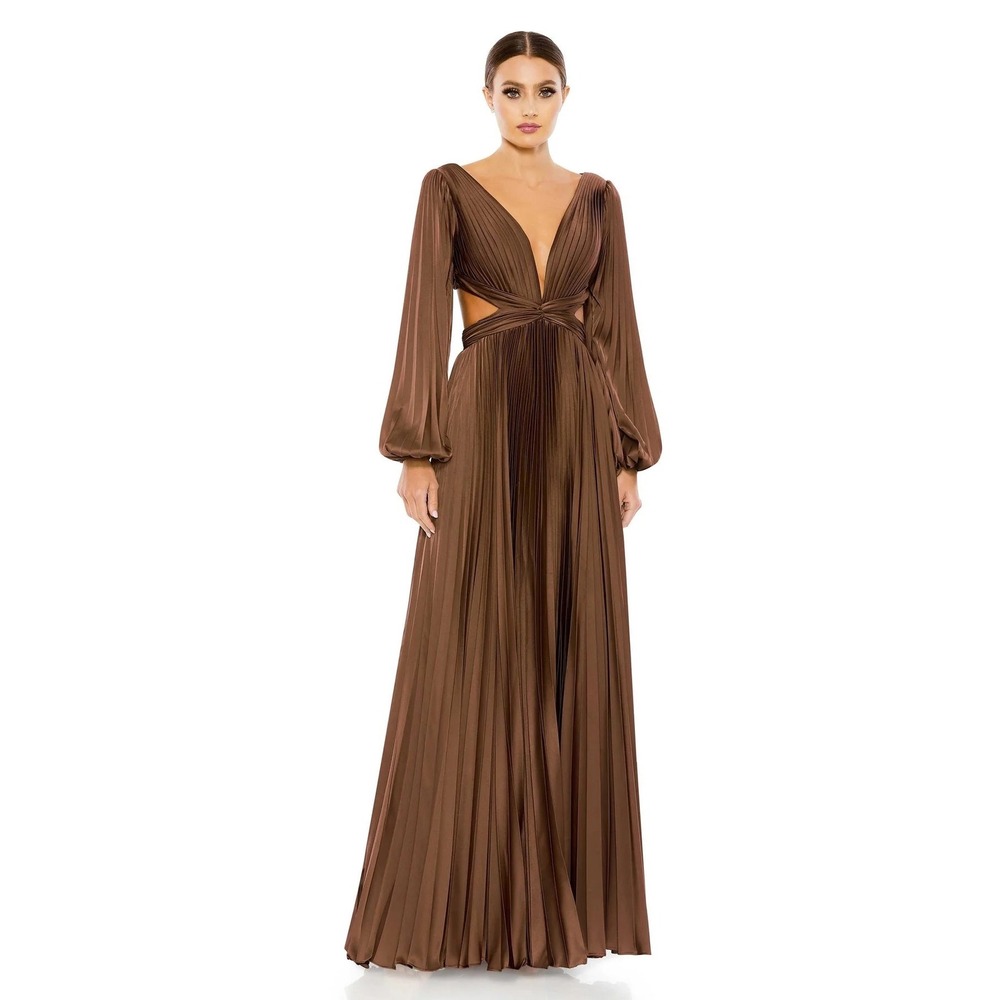 Ieena for Mac Duggal Chocolate Brown Pleated Cutout Bishop Sleeve Gown 26737 Sz6